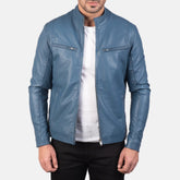 Mens Blue Cafe Racer Leather Jacket